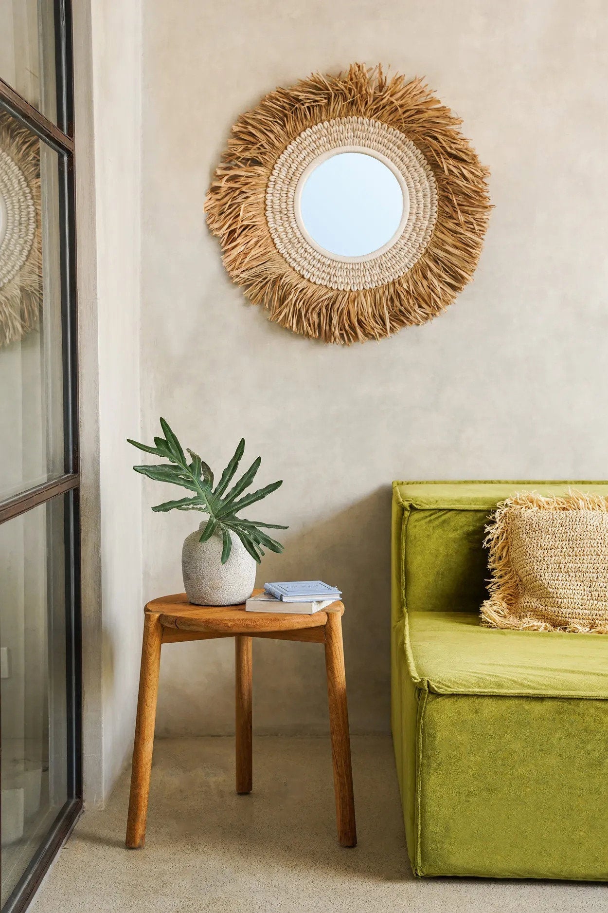 Raffia Cowrie Spiegel Naturel Wit 75 cm ø
